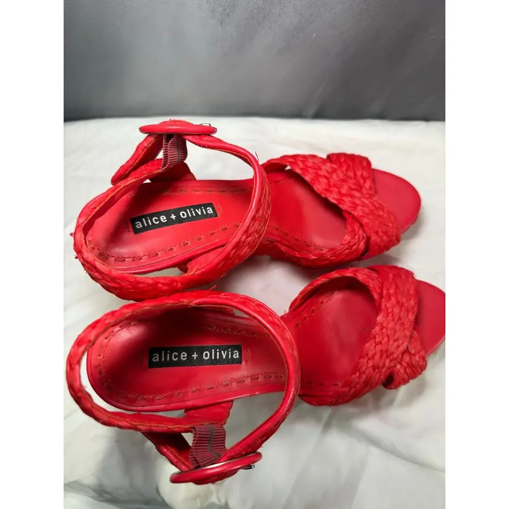 Alice + Olivia Josiey Bright Poppy Raffia Platform Wedge Sandals Summer 9.5